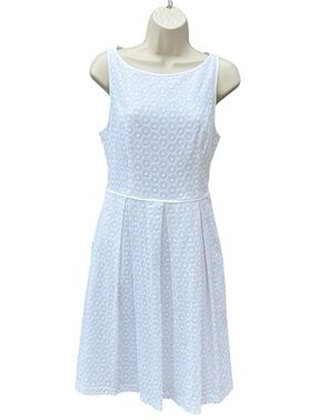 Kasper Size 10 White Eyelet Sleeveless Midi Dress A Line Pleated Cottage core